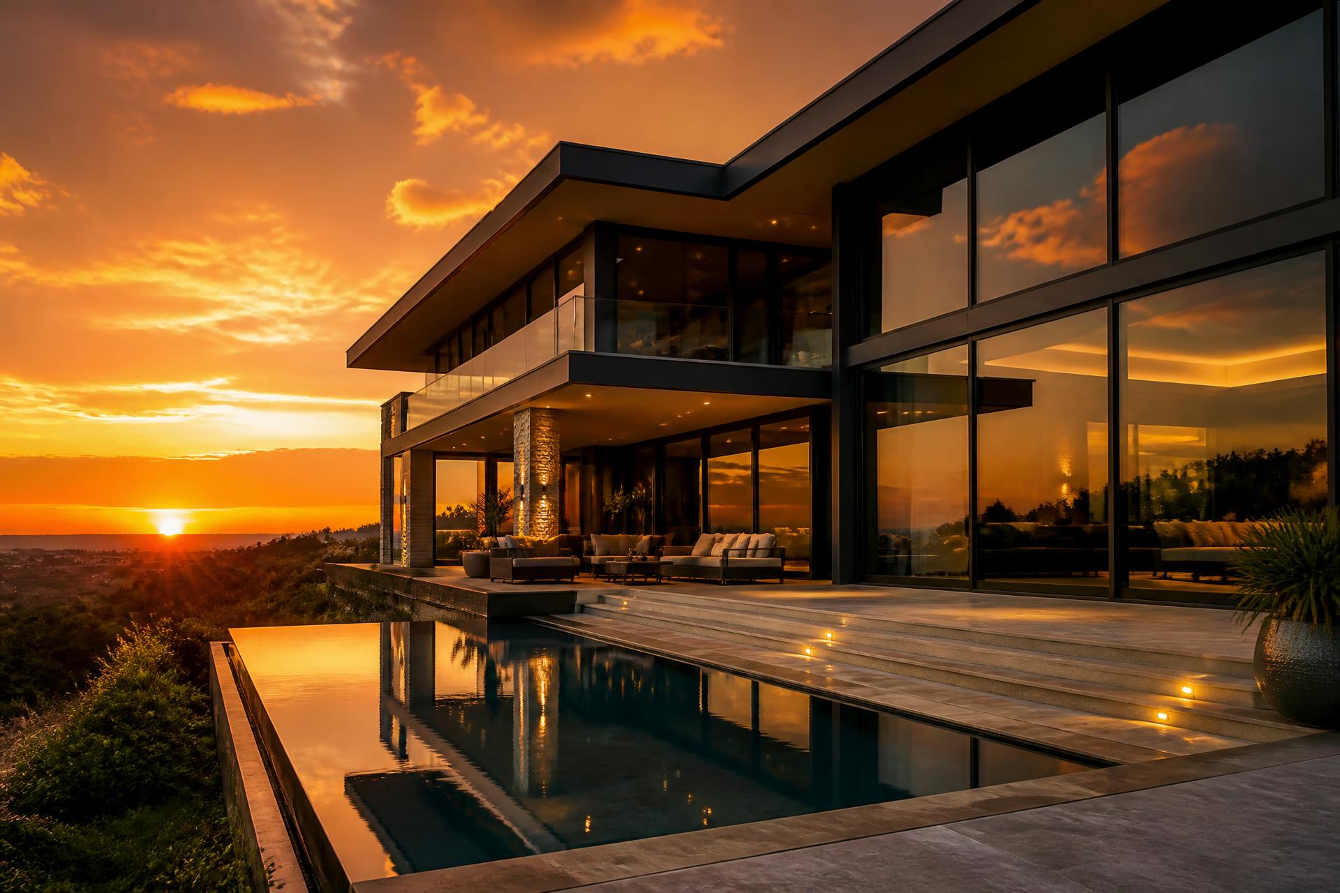 Modern Utah home with large tinted windows at sunset